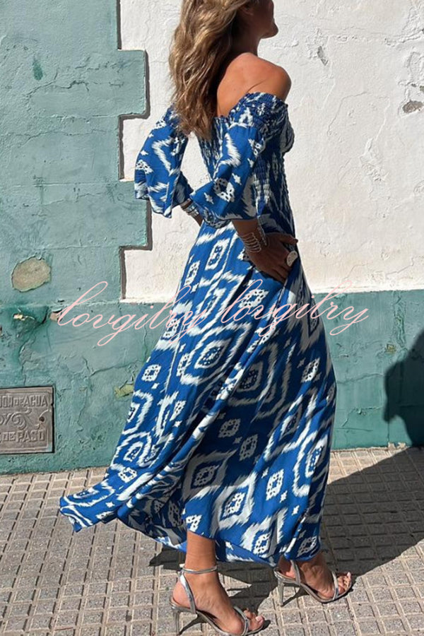 Close To The Vacation Ethnic Print Smocked Off Shoulder Pocketed Maxi Dress