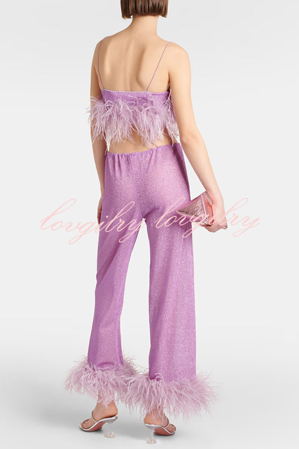 Music Carnival Glitter Stretch Fabric Feather Trim Tank and Elastic Waisted Flared Pants Set