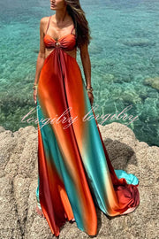 Neon Sunset Printed Metal Decoration Cutout Back Tie-up Vacation Maxi Dress