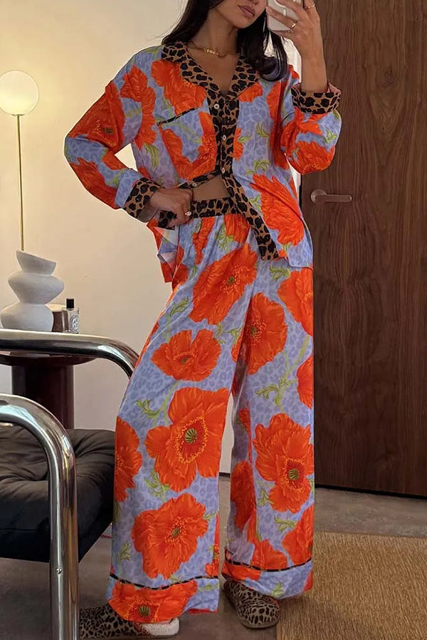 Color-block Poppy Leopard Print Trim Loose Shirt and Elastic Waist Pocketed Pajama Set