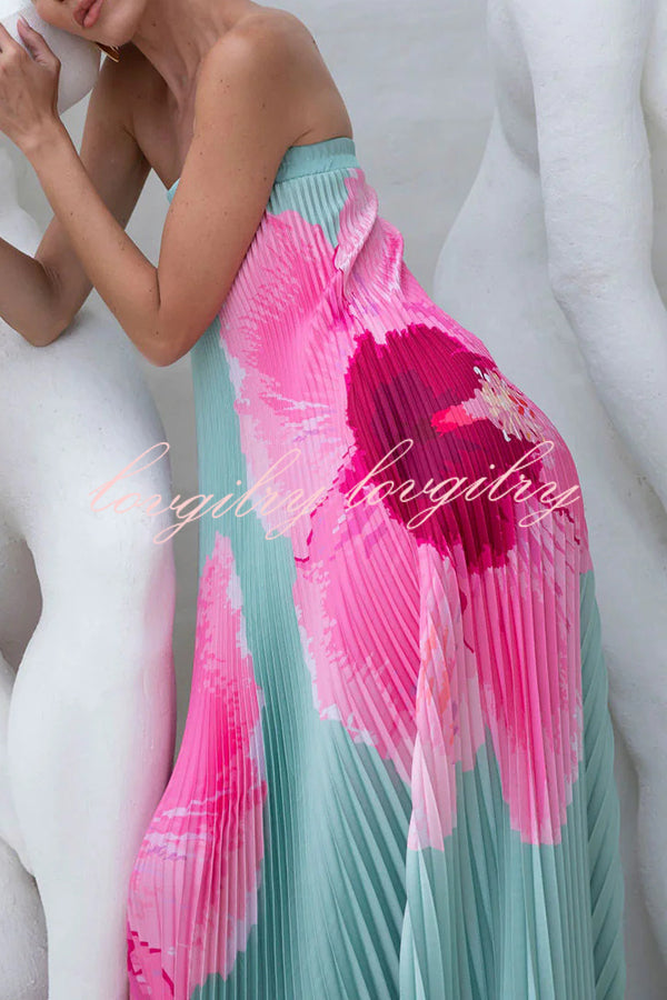 All about Her Pleated Floral Print Off Shoulder A-line Maxi Dress