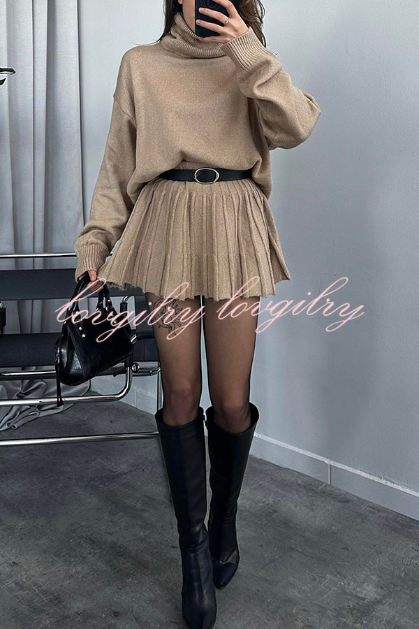 Solid Color Casual Preppy Knit Top and Knit Stretch Pleated Mini Skirt Set