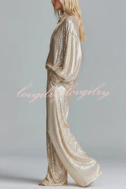 Glamorous Day Sequin Half Zip Loose Shirt and Elastic Waist Pocket Wide Leg Pants Set