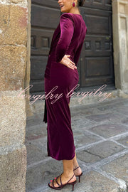 Elisabeth Luxurious Velvet Padded Shoulders Long Sleeve Twist Waist Drape Midi Dress