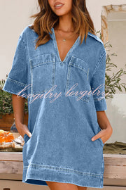 Tara V Neck Pocket Half Sleeve Denim Mini Dress