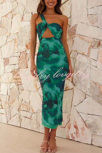 The Janika Printed Asymmetrical Strap Fixed Knot Stretch Midi Dress