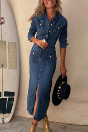 Tessy Denim Metal Button Zipper Shirt Stretch Pencil Slit Midi Dress