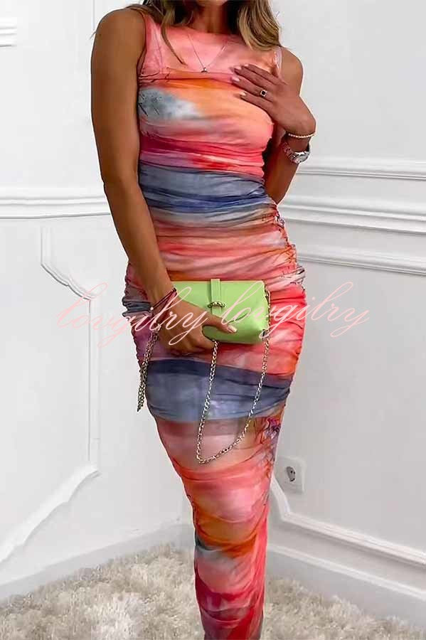 Locking Eyes Mesh Tie-dye Print Ruched Midi Dress