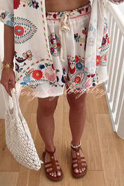 Linen Blend Floral Print Short Sleeve Loose Shirt and Elastic Waist Tie Casual Shorts Set