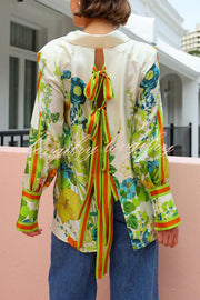 Antibes Satin Floral Print Back Tie-up Button Down Oversized Blouse