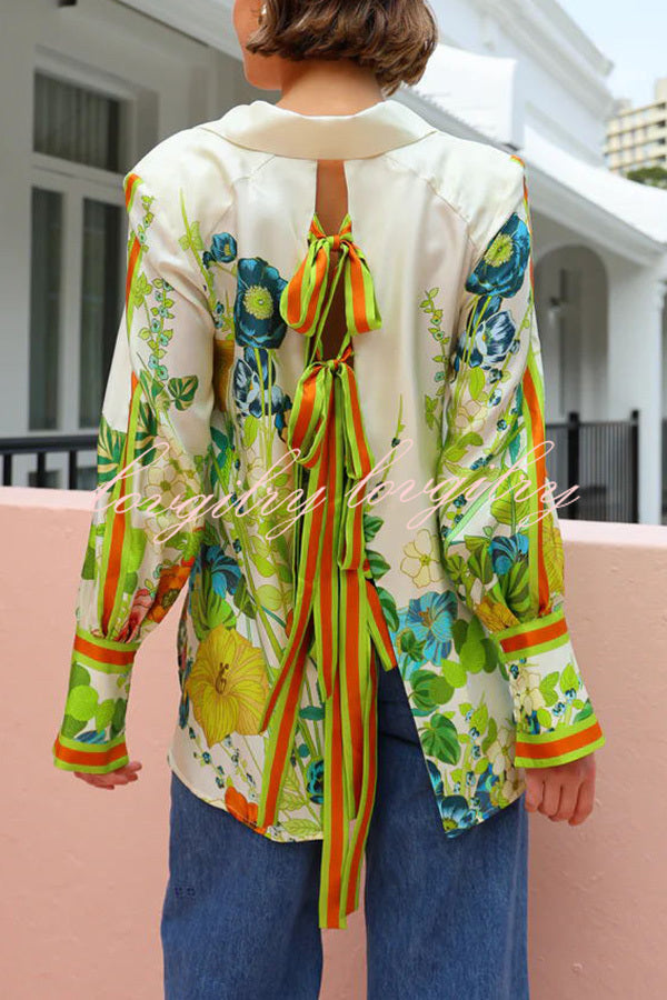 Antibes Satin Floral Print Back Tie-up Button Down Oversized Blouse