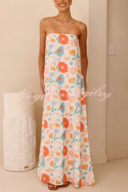 Unique Print Strapless Open Back Full Hem Maxi Dress