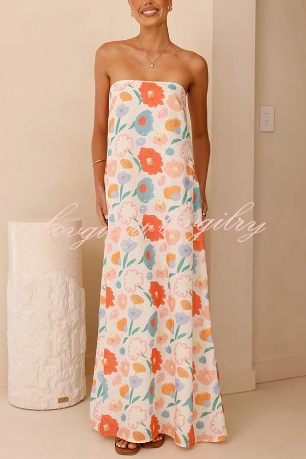 Unique Print Strapless Open Back Full Hem Maxi Dress