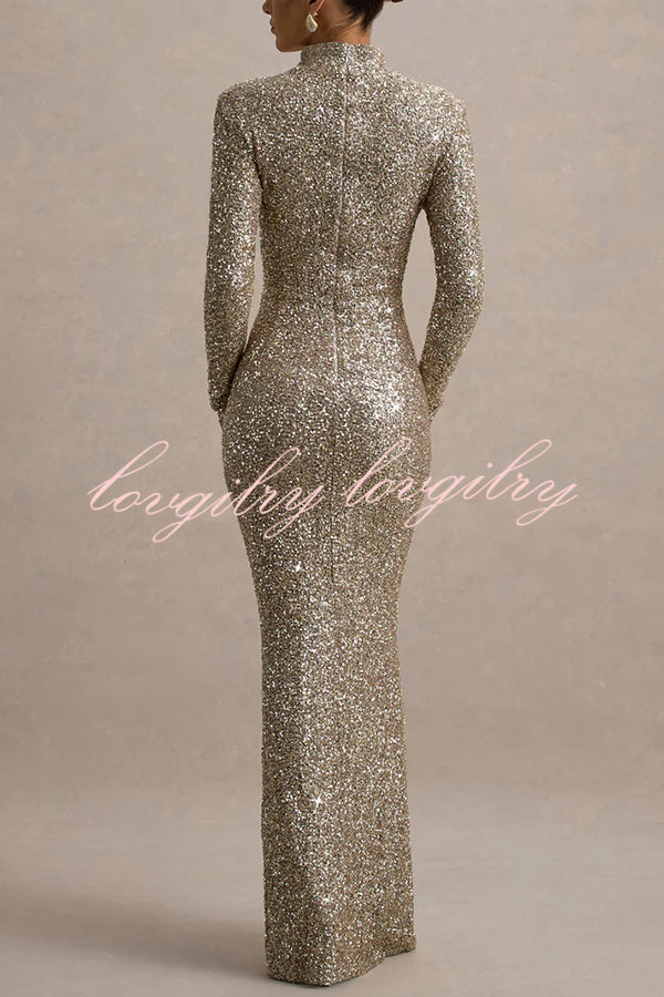 Galaxy Premium Sequin Turtle Neck Long Sleeve Maxi Dress