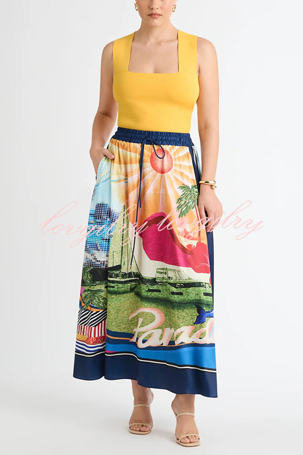 Seaside Holiday Satin Unique Print Knotted Scarf Top and Elastic Waist Loose Maxi Skirt Set