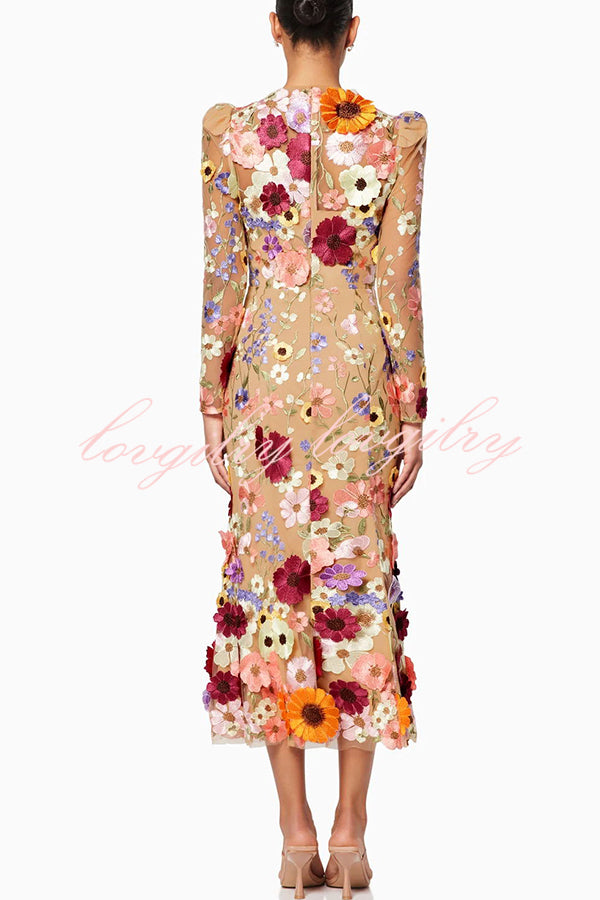 Dignified and Refined Charm Embroidered Floral Applique Long Sleeve Fish Tail Midi Dress