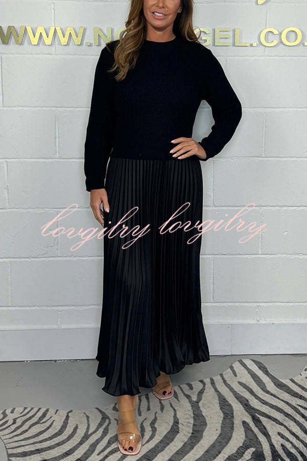 Audrey Ribbed Knit Long Sleeve Top Patchwork Satin Pleated Maxi Dress