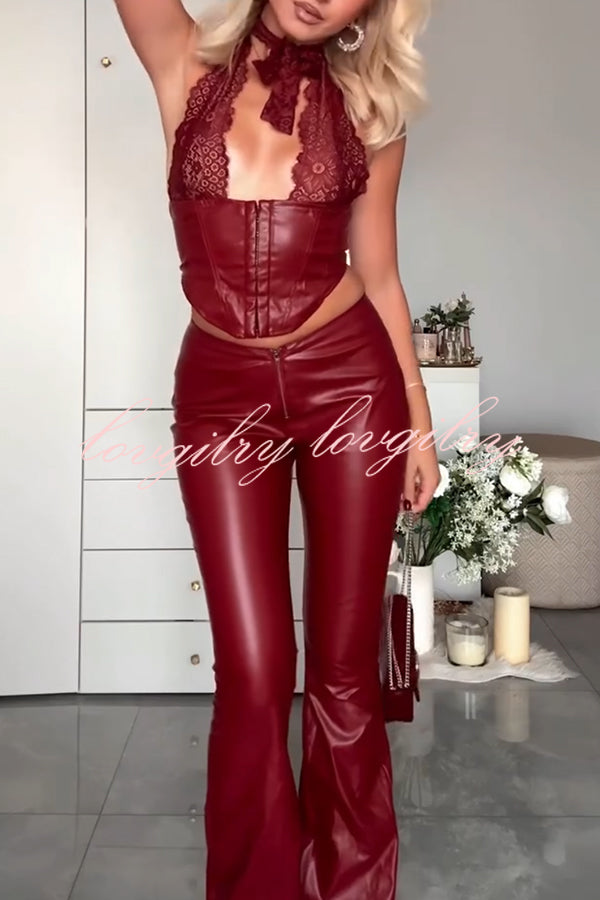 Style Challenge Stretch Faux Leather Lace Halter Tank and Zipper Waist Flare Pants Set