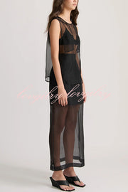 Embraces Modern Sheer Organza Pocket Oversized Tank and High Rise Slit Midi Skirt Set