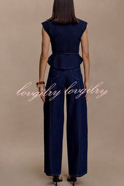 Charley Denim Button Up Cap Short Sleeve Structured Tie-up Lapel Top