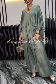 Satin Solid Color V-neck Lotus Leaf Sleeve Loose Pleated Maxi Dress