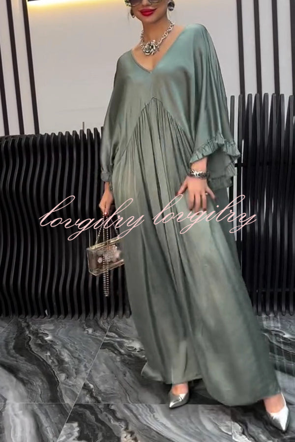Satin Solid Color V-neck Lotus Leaf Sleeve Loose Pleated Maxi Dress