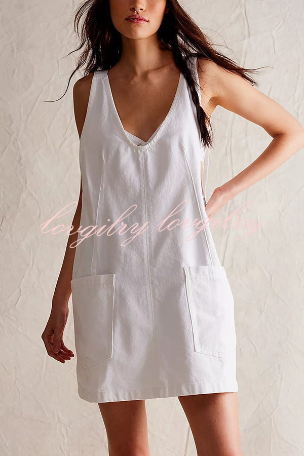 Solid Color Sleeveless V-neck Pocket Adjustable Denim Suspender Mini Dress