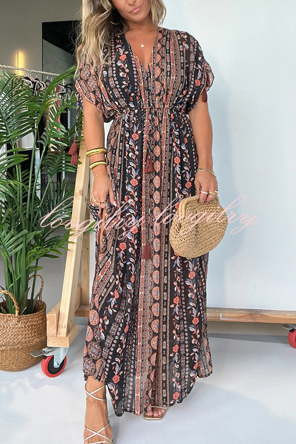 Ethnic Style Unique Print V-neck Loose Maxi Dress