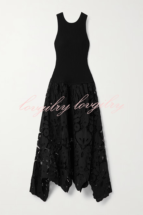 Atlas Asymmetric Ribbed-knit and Guipure Lace Back Zipper Midi Dress
