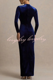 Wishes Velvet High Neck Long Sleeve Ruched Waist Wrap Slit Stretch Maxi Dress