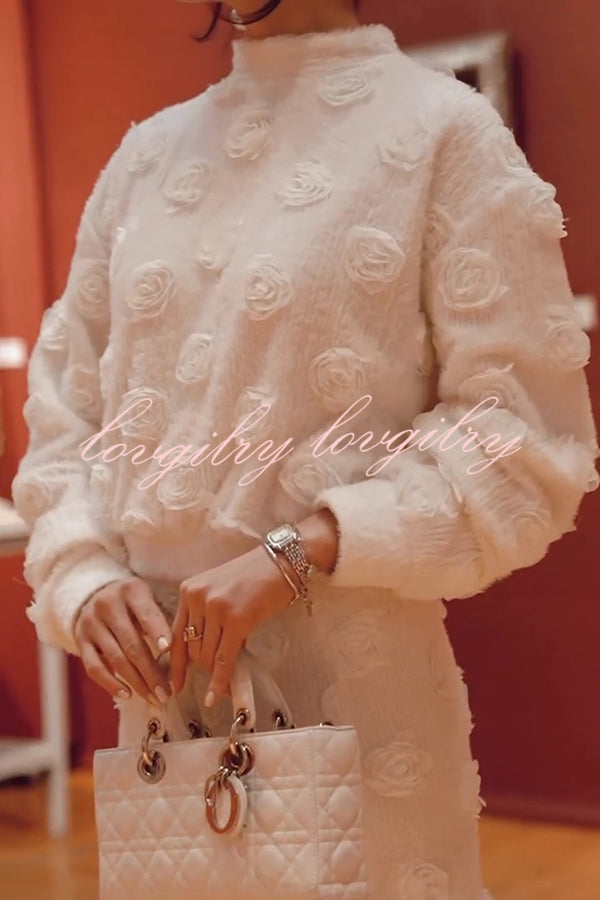 Fashionable 3D Floral Decoration Loose Long-sleeved Top