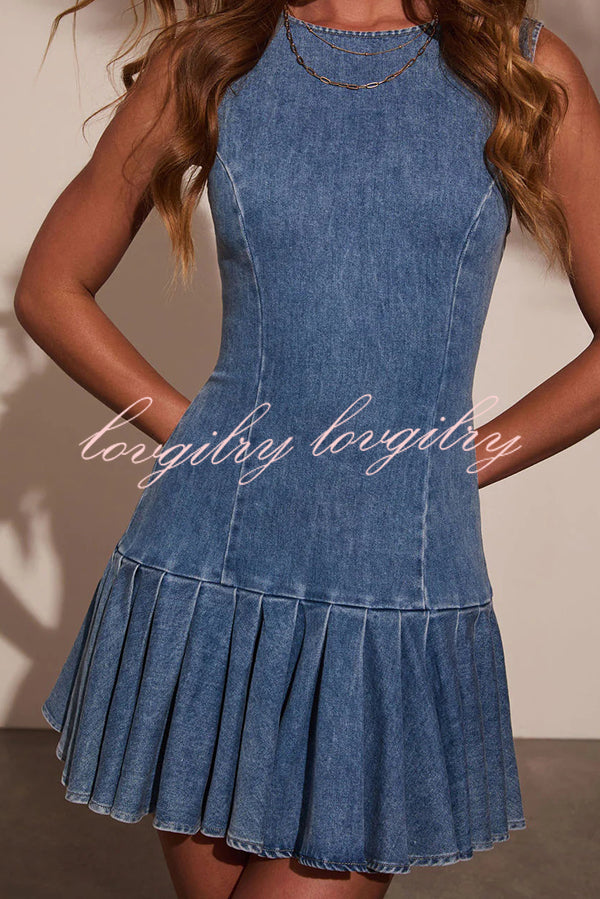 Fashionable Spliced Back Hollow Lace-up Pleated Slim-fit Denim Mini Dress