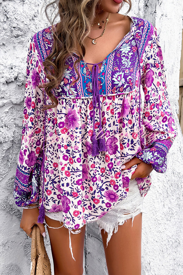 Intricate Floral Print V Neck Lace Up Paneled Long Sleeve Shirt