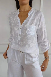 Floral Print V-neck Buttoned Sequin Pocket Casual Shirt