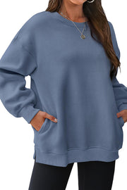 Solid Color Round Neck Pocket Loose Warm Long Sleeve Sweatshirt