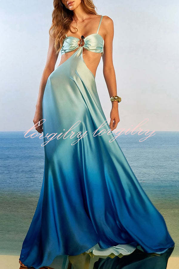 Joceline Satin Gradient Print Metal Decoration Cutout Back Tie-up Vacation Maxi Dress