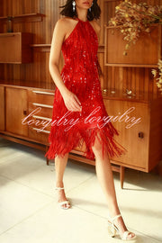 Sexy Sleeveless Halter Neck Tassel Sequin Mini Dress