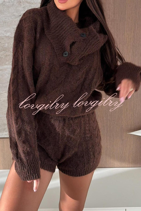 Diviano Cabble Knit Button Scarf Long Sleeve Sweater and Stretch Mini Shorts Set（3 Pieces）