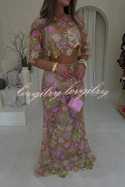 Fashionable Embroidered Flower Sequined Crop Top and Elegant Sheer Maxi Skirt Set