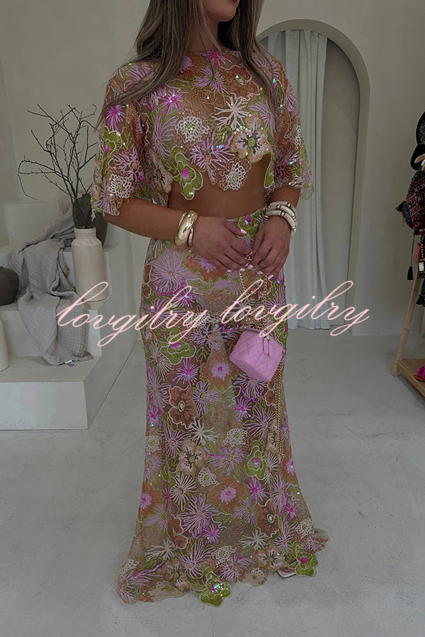 Fashionable Embroidered Flower Sequined Crop Top and Elegant Sheer Maxi Skirt Set
