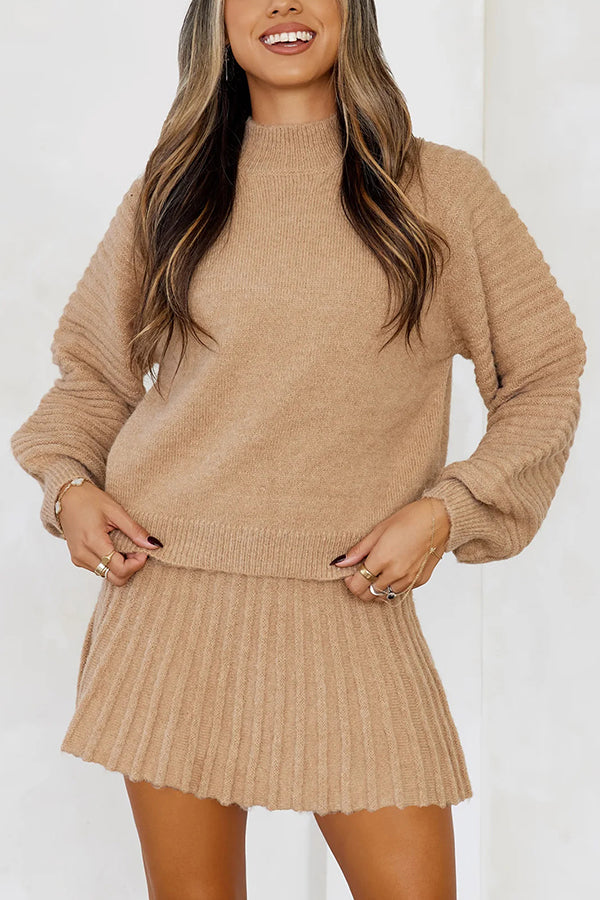 Solid Color Round Neck Puff Sleeve Loose Knit Sweater and Casual Striped Mini Skirt Set