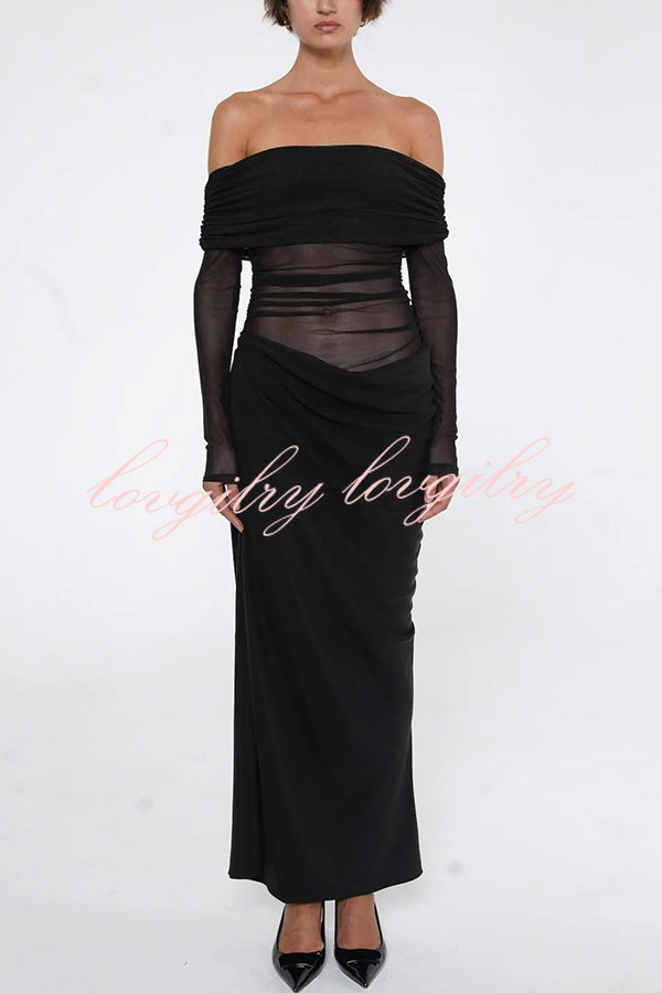 Exquisite Sexy Mesh Patchwork Off Shoulder Cutout Ruched Maxi Dress