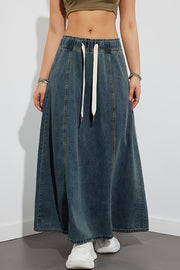 Fashion Elastic Waist Drawstring Casual Pocket Denim Maxi Skirt