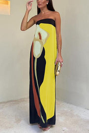 Jaime Abstract Floral Print Elastic Strapless Vacation Maxi Dress
