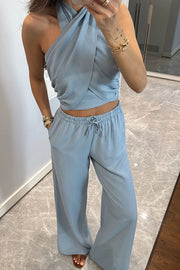 Noellie Cross Halter Neck Smocked Tank and Elastic Waist Pocketed Wide Leg Pants Set