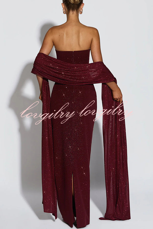 Pandra Glittery Crepe Fabric Off Shoulder Ruched Slit Cape Maxi Dress
