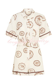 Resort Style Print Lapel Short Sleeves Casual Pocket Waist Tie Loose Rompers