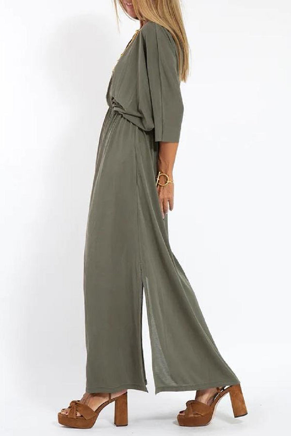 Ultimate Comfort Elastic Waist Half Sleeve Pocketed Slit Maxi Dress