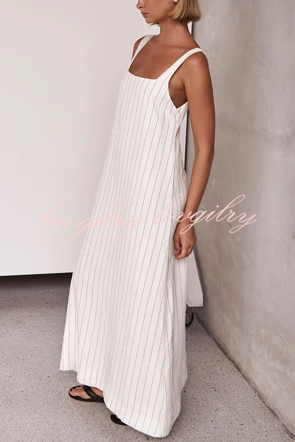 Simple and Stunning Linen Blend Pinstripe Detail Square Neck A-line Maxi Dress