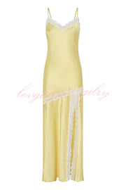 Sweet Trend Satin Lace Trim V-neck Slit Slip Maxi Dress